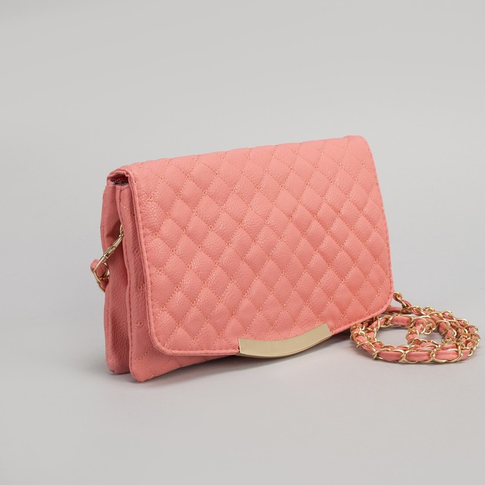 Клатч женский, 3 отдела на молнии, длинный ремень, цвет розовый