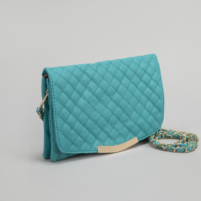 Клатч женский, 3 отдела на молнии, длинный ремень, цвет бирюзовый