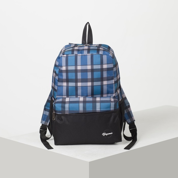 Рюкзак молодёжный "Клетка", 1 отдел на молнии, 2 наружных кармана, 2 боковые сетки, цвет чёрный/синий