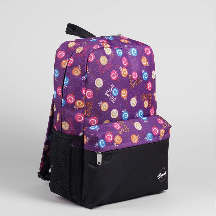 Рюкзак молодёжный, 1 отдел на молнии, 2 наружных кармана, 2 боковые сетки, цвет чёрный/сиреневый