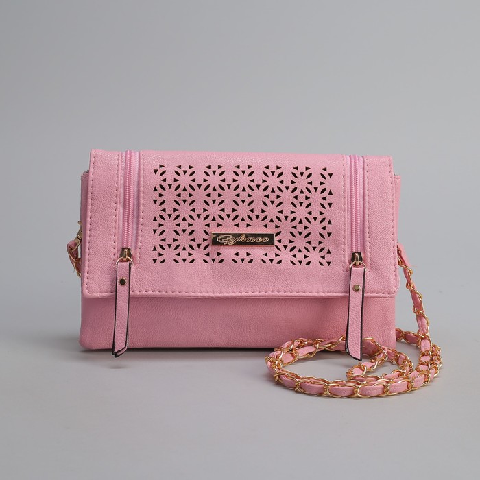 Клатч женский, 3 отдела на клапане, 2 наружных кармана, длинный ремень, цвет розовый