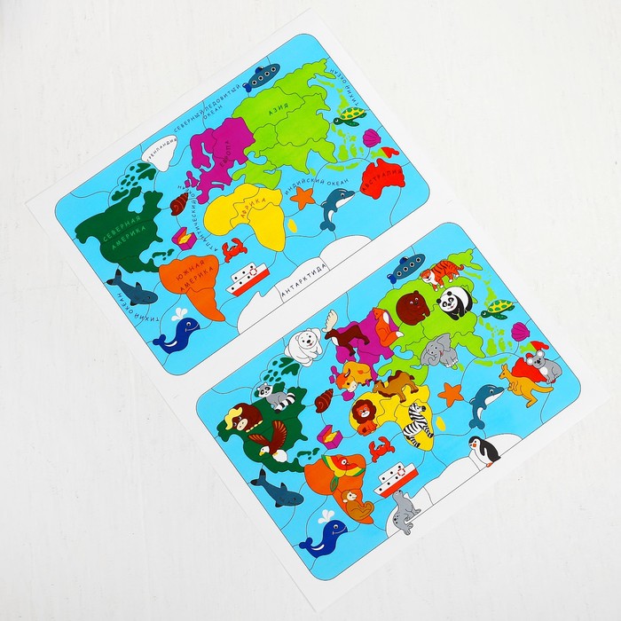 Мозаика "Карта мира", 82 детали (из них 20 зверей)