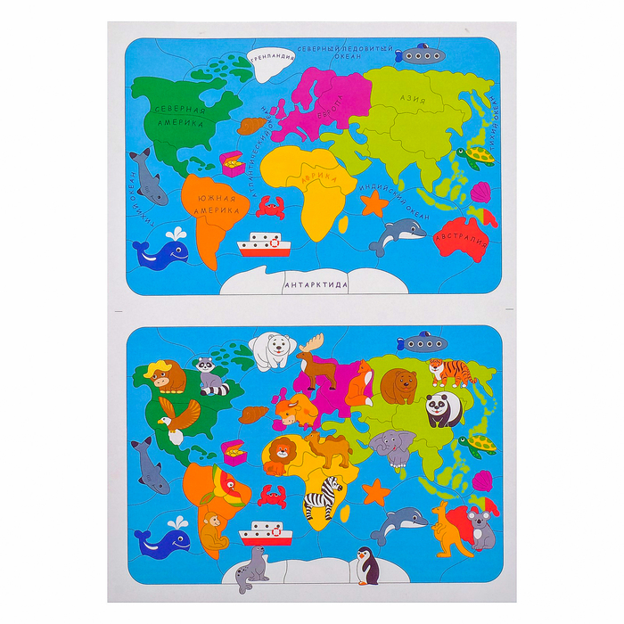 Мозаика "Карта мира", 82 детали (из них 20 зверей)