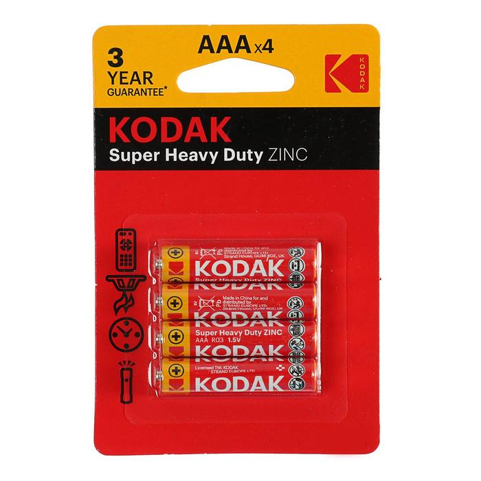 Батарейка солевая Kodak Extra Heavy Duty, AAA, R03-4BL, 1.5В, блистер, 4 шт. батарейка дюймовочка 2шт блистер c r14 солевая zinc heavy duty 1 5v toshiba арт r14kgbp2tgtess