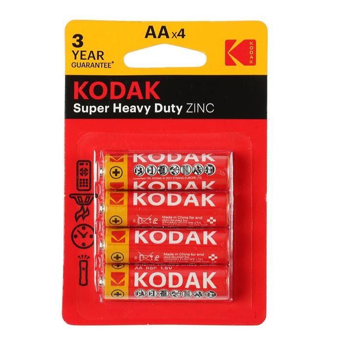 Батарейка солевая Kodak Extra Heavy Duty, AA, R6-4BL, 1.5В, блистер, 4 шт. батарейка дюймовочка 2шт блистер c r14 солевая zinc heavy duty 1 5v toshiba арт r14kgbp2tgtess