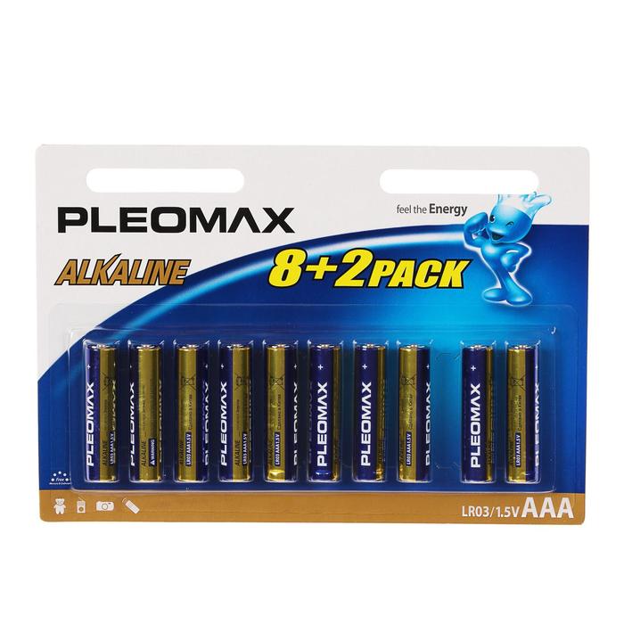 Батарейка алкалиновая Pleomax, AAA, LR03-10BL, 1.5В, блистер, 8+2 шт. батарейка алкалиновая duracell basic aaa lr03 8bl 1 5в блистер 8 шт