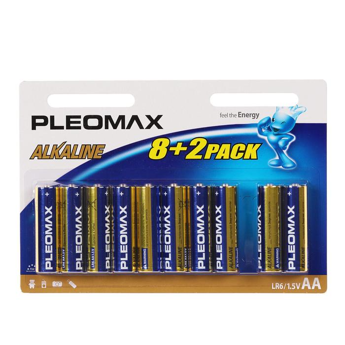 Батарейка алкалиновая Pleomax, AA, LR6-10BL, 1.5В, блистер, 8+2 шт. батарейка алкалиновая космос lr6 тип aa блистер 2 шт 12 72