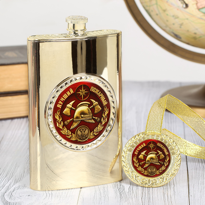 Подарочный набор "Лучший пожарный", фляжка 300 мл, медаль