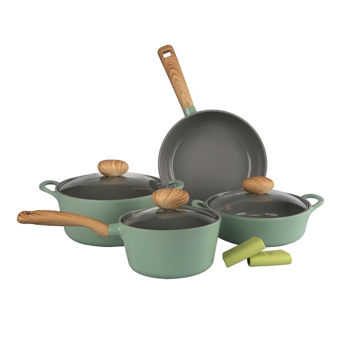 Набор посуды Greenwood-N20, литой алюминий, 4 предмета + силиконовые прихватки