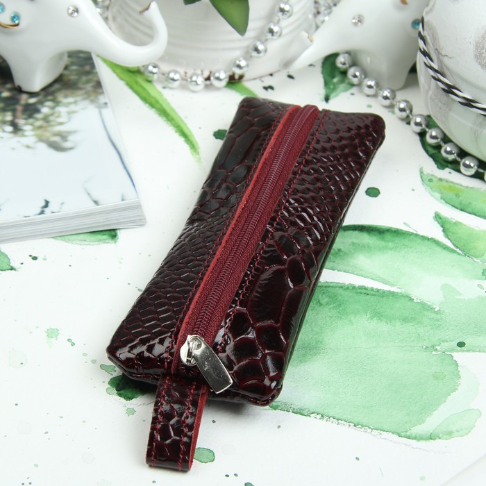 Ключница, отдел на молнии, металлическое кольцо, наплак питон, цвет бордовый