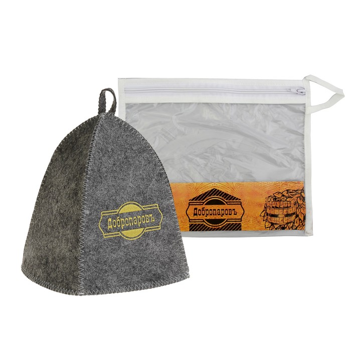 Шапка банная в косметичке "Добропаровъ" серая с золотой вышивкой