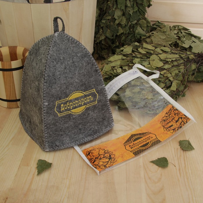 Шапка банная в косметичке "Добропаровъ" серая с золотой вышивкой