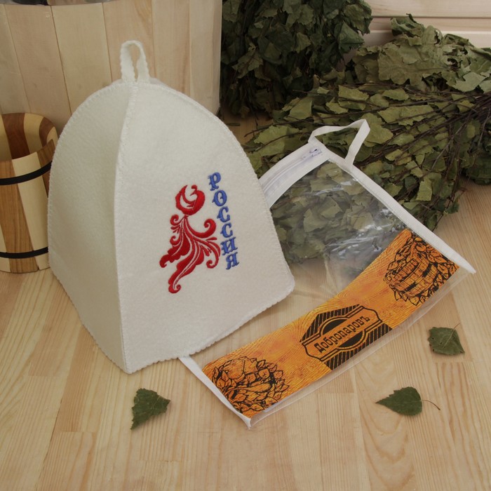 Шапка банная в косметичке "Россия, птица" белая