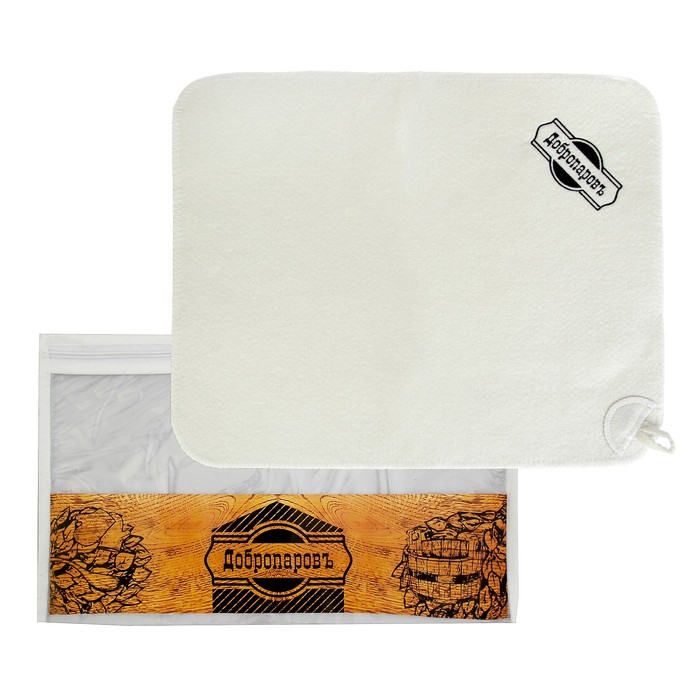 Коврик для бани в косметичке "Добропаровъ" прямоугольный, белый с чёрной вышивкой