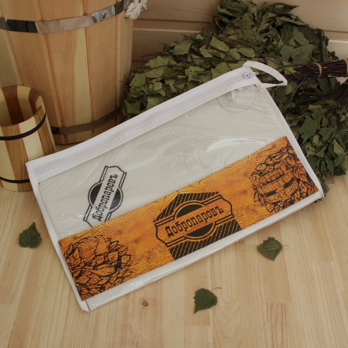 Коврик для бани в косметичке "Добропаровъ" прямоугольный, белый с чёрной вышивкой