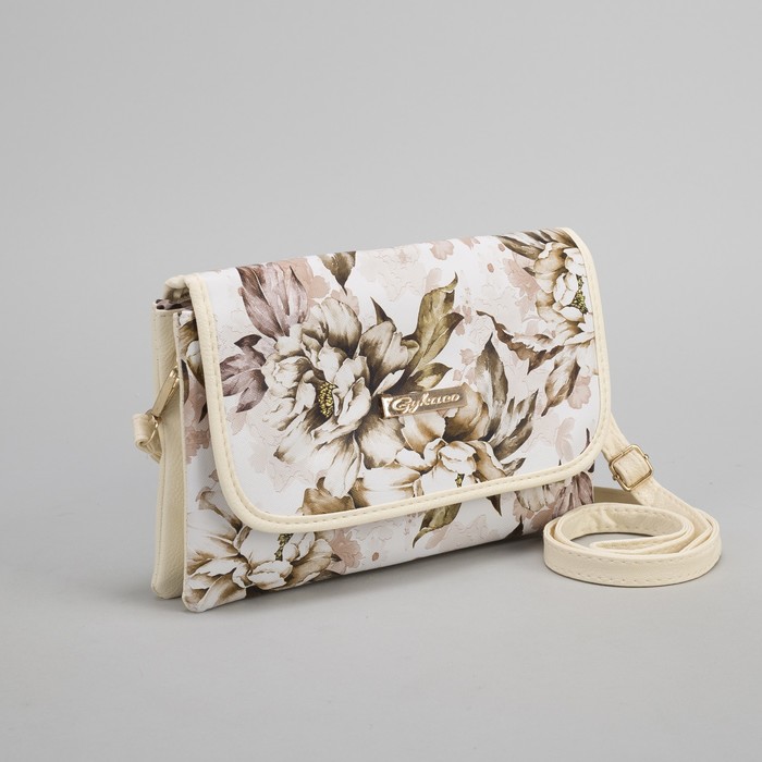 Клатч женский, 3 отдела на молнии, длинный ремень, цвет бежевый