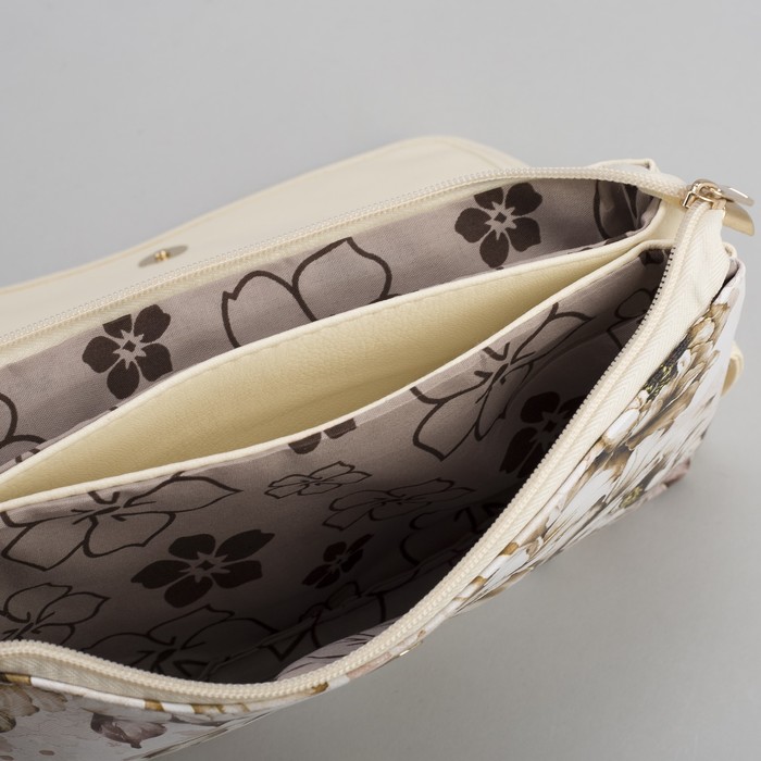 Клатч женский, 3 отдела на молнии, длинный ремень, цвет бежевый