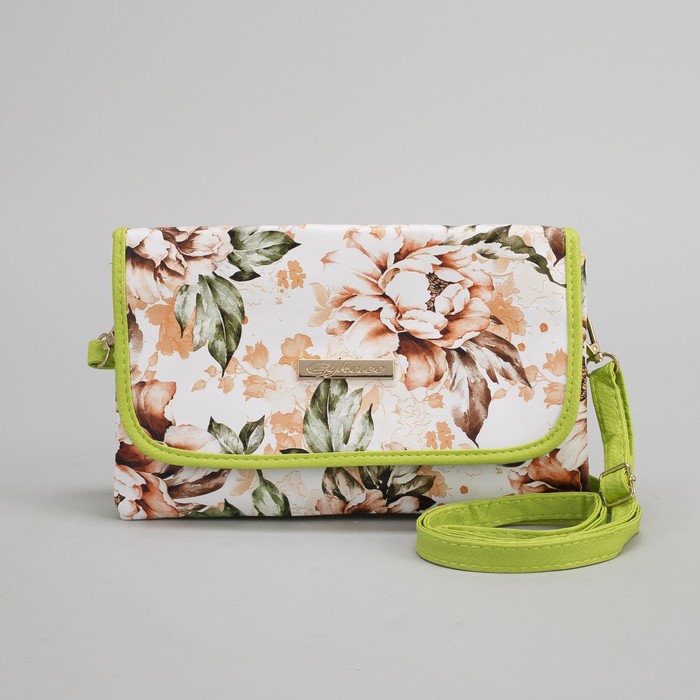Клатч женский, 3 отдела на молнии, длинный ремень, цвет зелёный