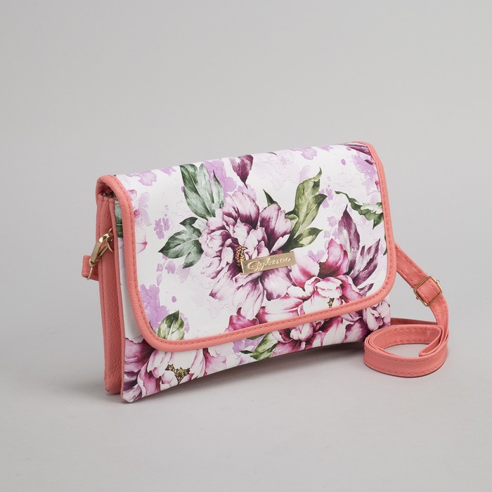 Клатч женский, 3 отдела на молнии, длинный ремень, цвет розовый