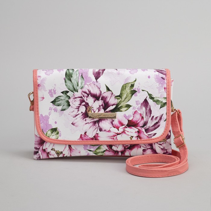 Клатч женский, 3 отдела на молнии, длинный ремень, цвет розовый