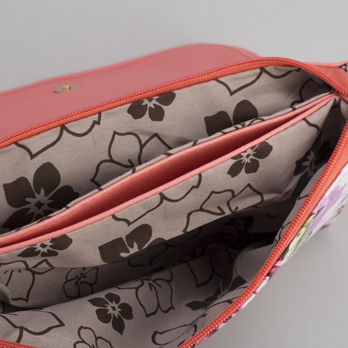 Клатч женский, 3 отдела на молнии, длинный ремень, цвет розовый