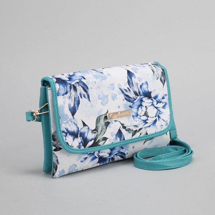 Клатч женский, 3 отдела на молнии, длинный ремень, цвет бирюзовый