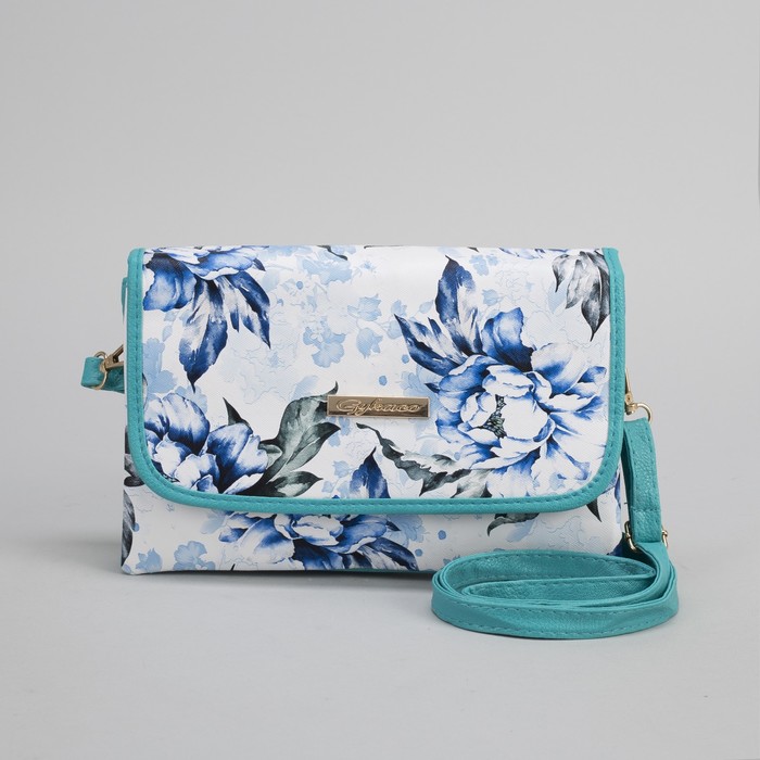 Клатч женский, 3 отдела на молнии, длинный ремень, цвет бирюзовый