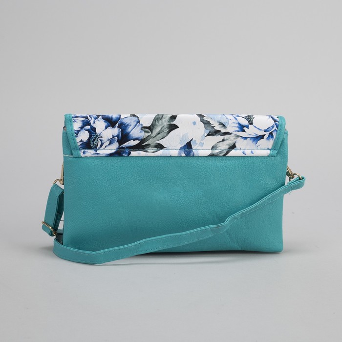 Клатч женский, 3 отдела на молнии, длинный ремень, цвет бирюзовый
