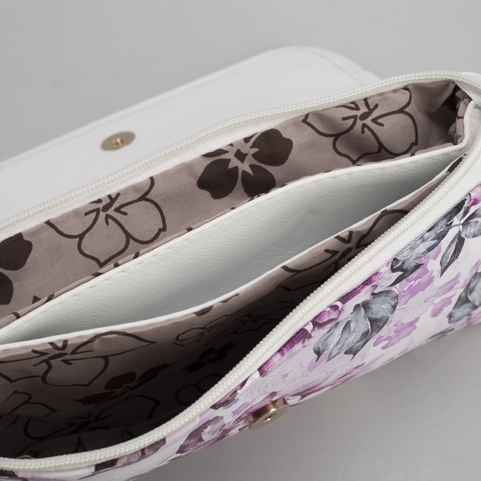 Клатч женский, 3 отдела на молнии, длинный ремень, цвет белый