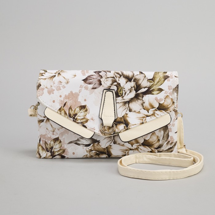 Клатч женский, 3 отдела на молнии, наружный карман, длинный ремень, цвет бежевый