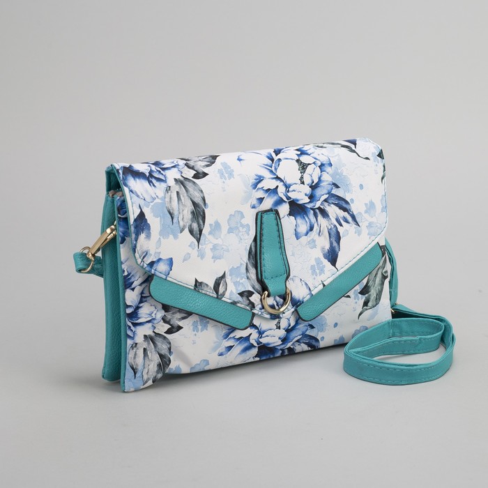 Клатч женский, 3 отдела на молнии, наружный карман, длинный ремень, цвет бирюзовый