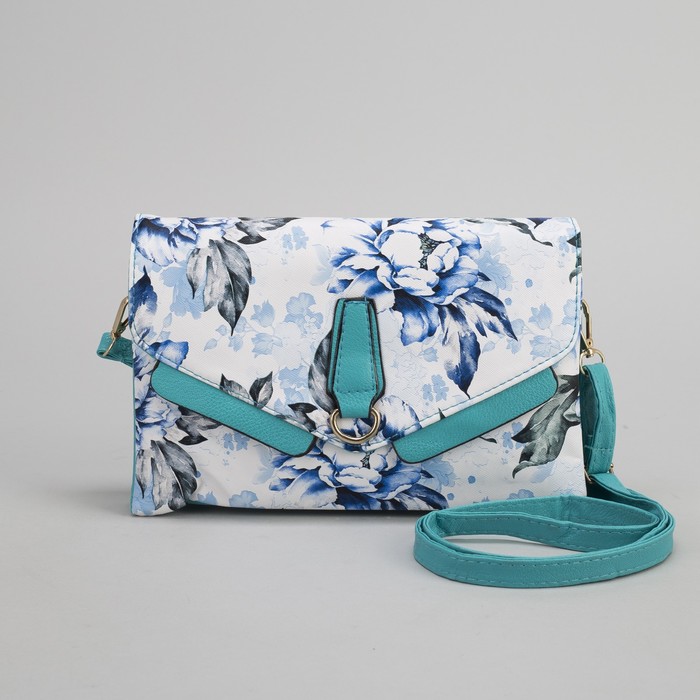 Клатч женский, 3 отдела на молнии, наружный карман, длинный ремень, цвет бирюзовый