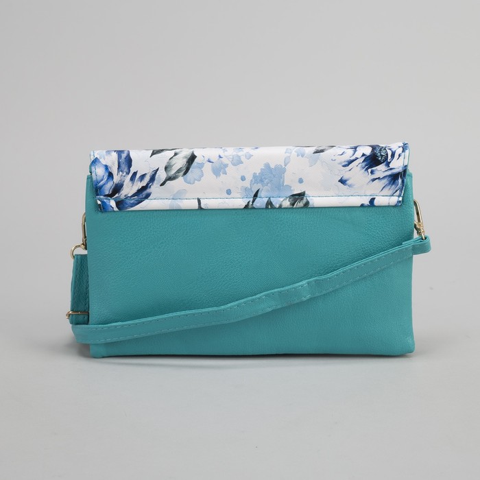Клатч женский, 3 отдела на молнии, наружный карман, длинный ремень, цвет бирюзовый