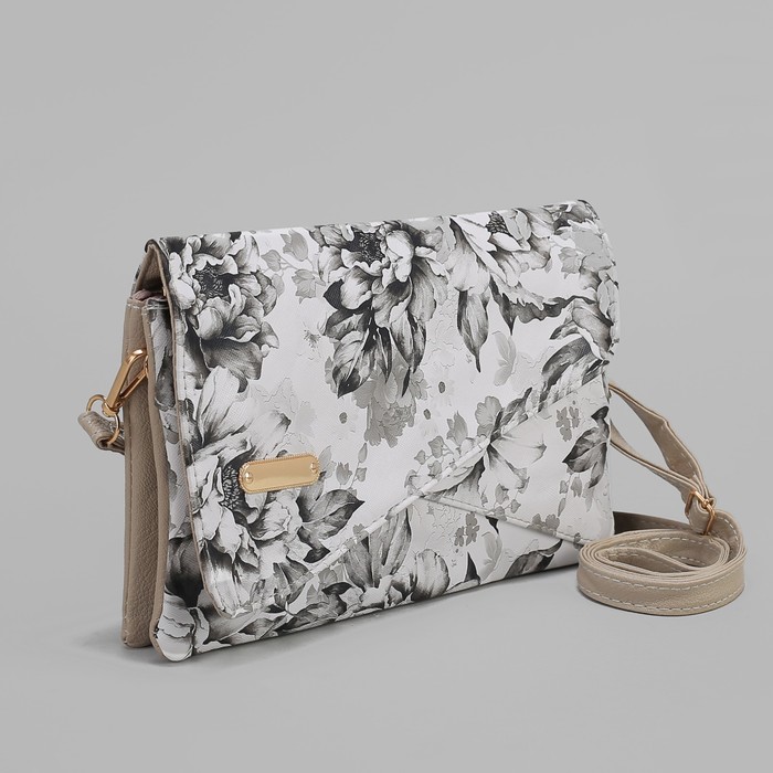 Клатч женский, 3 отдела на молнии, длинный ремень, цвет серый