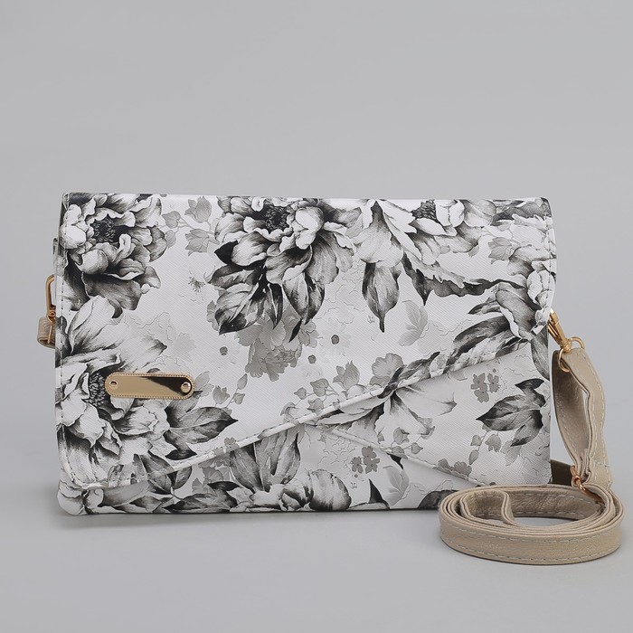 Клатч женский, 3 отдела на молнии, длинный ремень, цвет серый