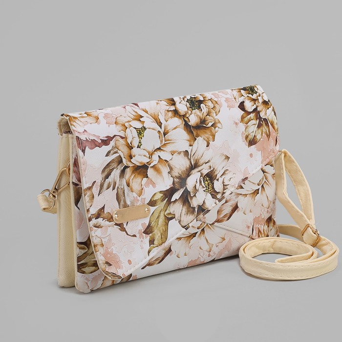 Клатч женский, 3 отдела на молнии, длинный ремень, цвет бежевый