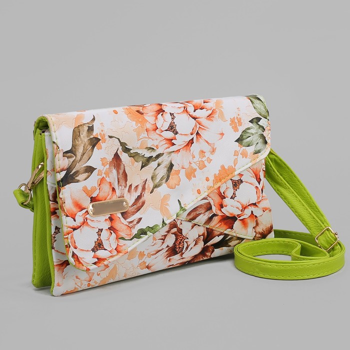 Клатч женский, 3 отдела на молнии, длинный ремень, цвет зелёный