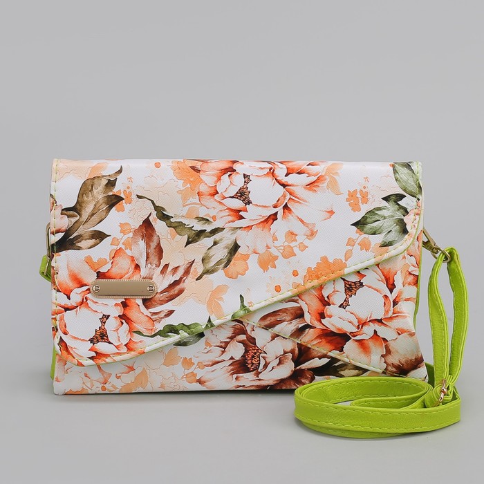 Клатч женский, 3 отдела на молнии, длинный ремень, цвет зелёный