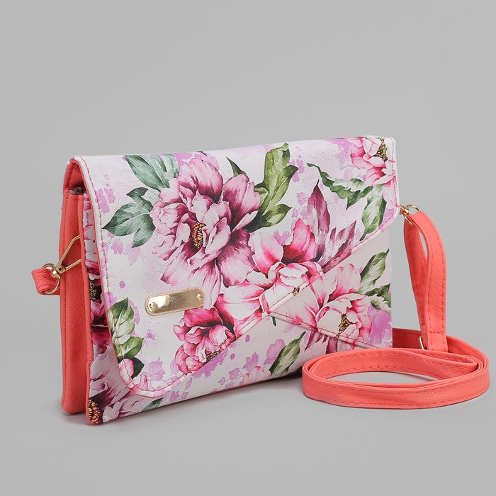 Клатч женский, 3 отдела на молнии, длинный ремень, цвет розовый