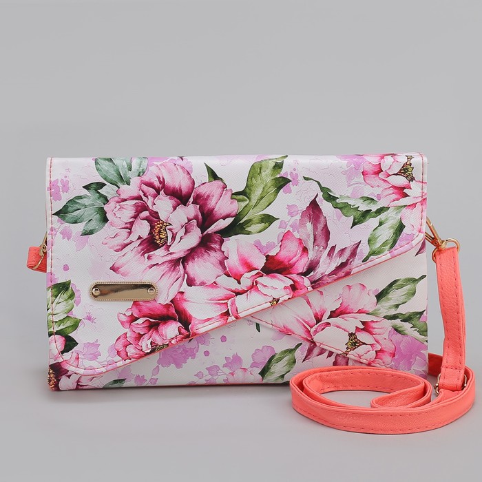 Клатч женский, 3 отдела на молнии, длинный ремень, цвет розовый