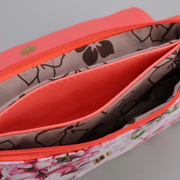 Клатч женский, 3 отдела на молнии, длинный ремень, цвет розовый