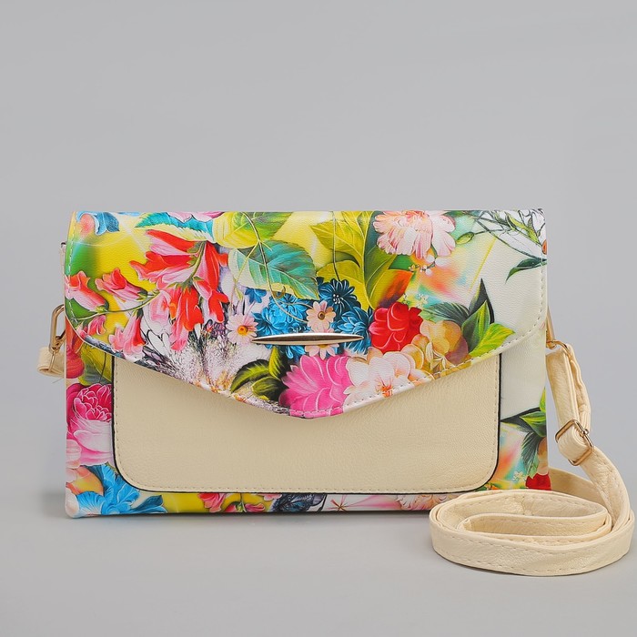 Клатч женский, 3 отдела на молнии, длинный ремень, цвет бежевый