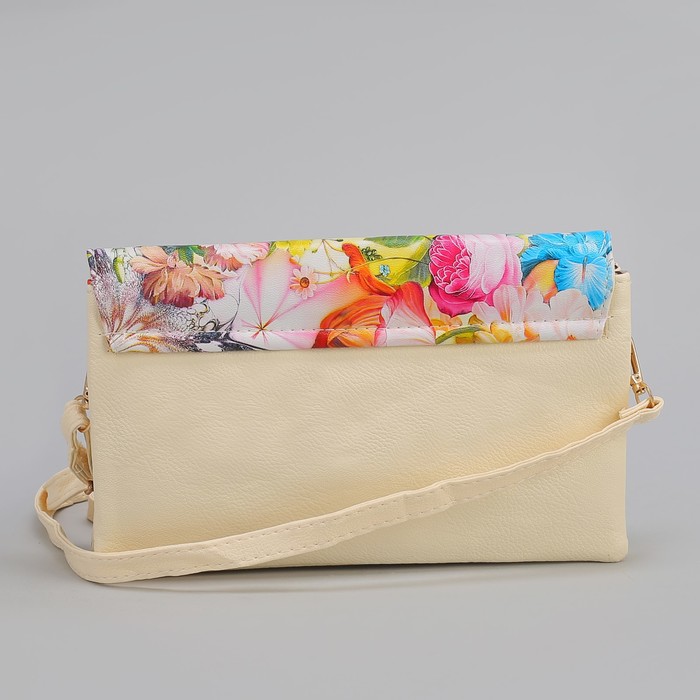 Клатч женский, 3 отдела на молнии, длинный ремень, цвет бежевый