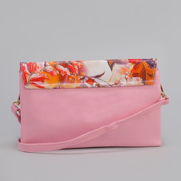 Клатч женский, 3 отдела на молнии, длинный ремень, цвет розовый