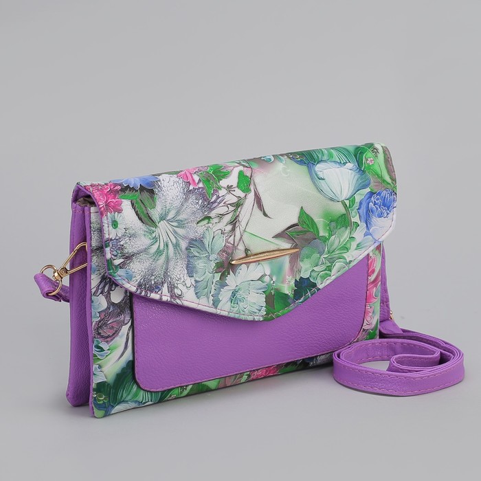 Клатч женский, 3 отдела на молнии, длинный ремень, цвет сиреневый