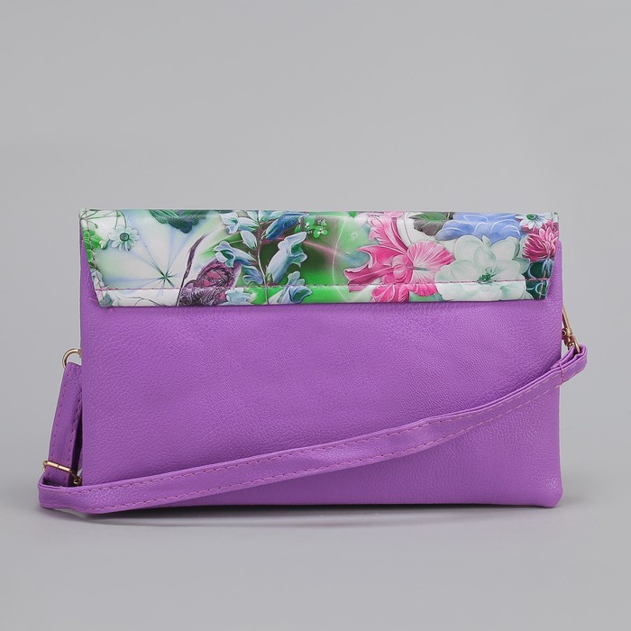 Клатч женский, 3 отдела на молнии, длинный ремень, цвет сиреневый