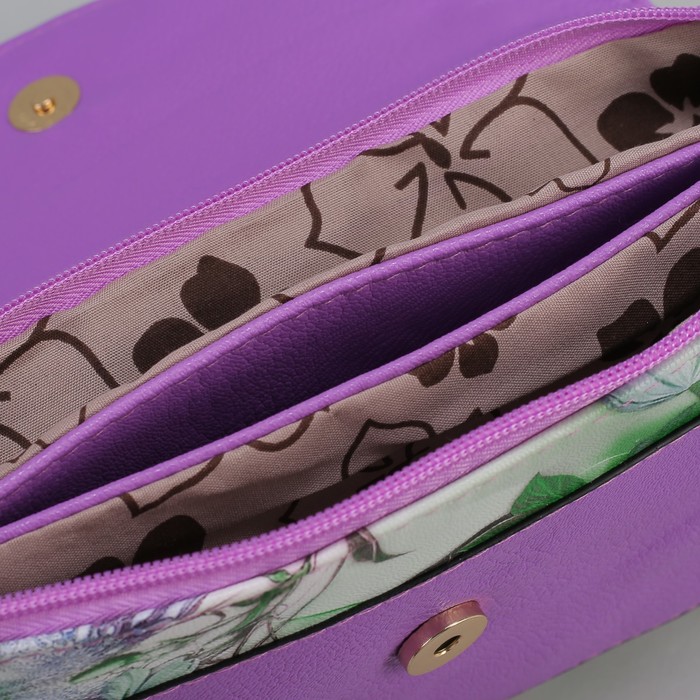 Клатч женский, 3 отдела на молнии, длинный ремень, цвет сиреневый