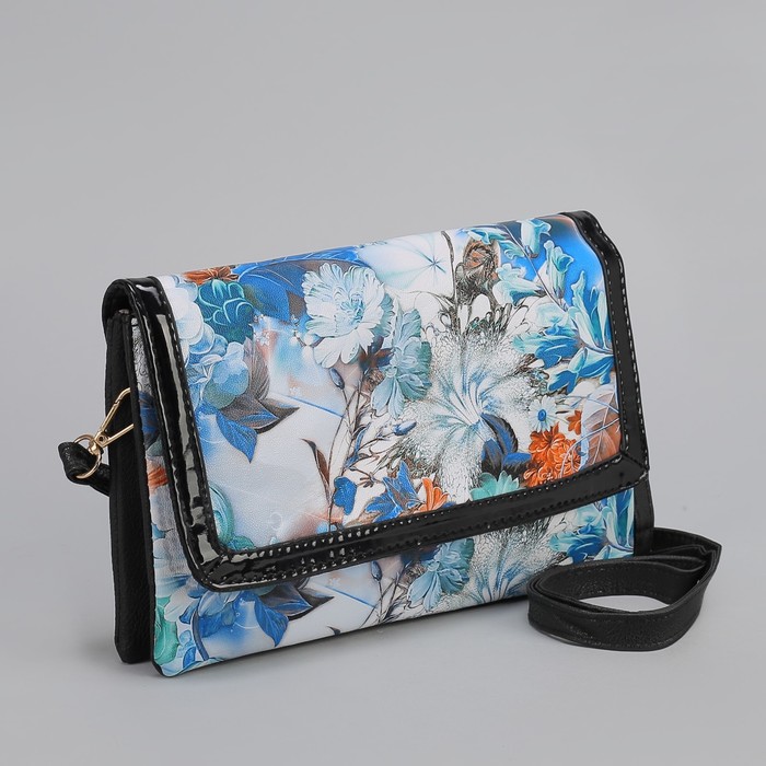 Клатч женский, 3 отдела на молнии, длинный ремень, цвет чёрный