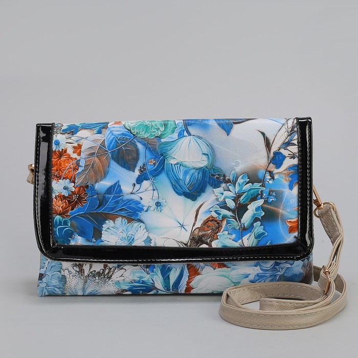 Клатч женский, 3 отдела на молнии, длинный ремень, цвет серый