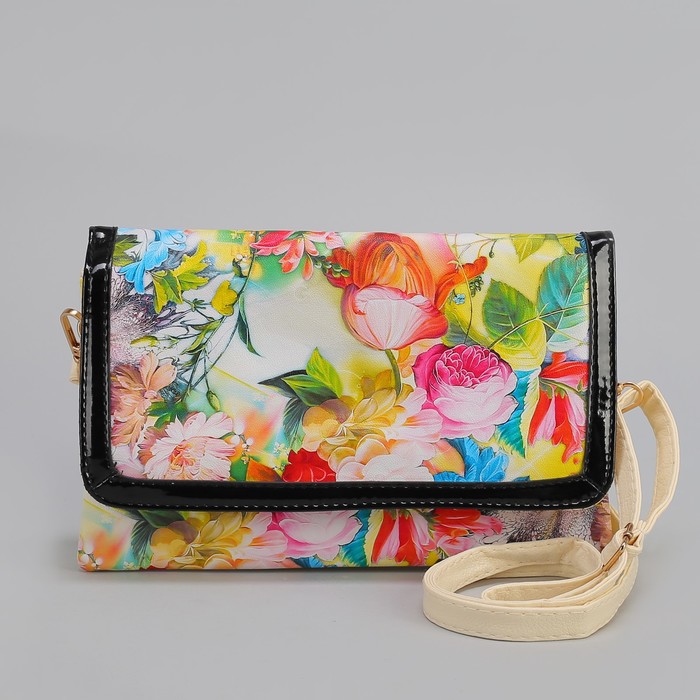 Клатч женский, 3 отдела на молнии, длинный ремень, цвет бежевый